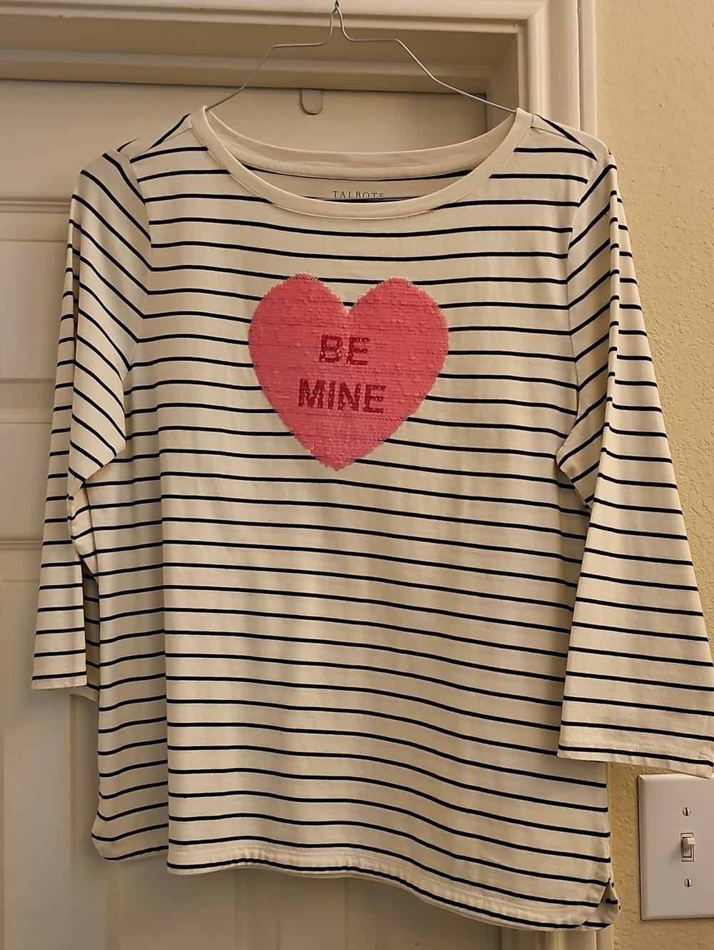 Talbots Cream and Black Striped Top with Pink Heart "Be Mine" Sz Large